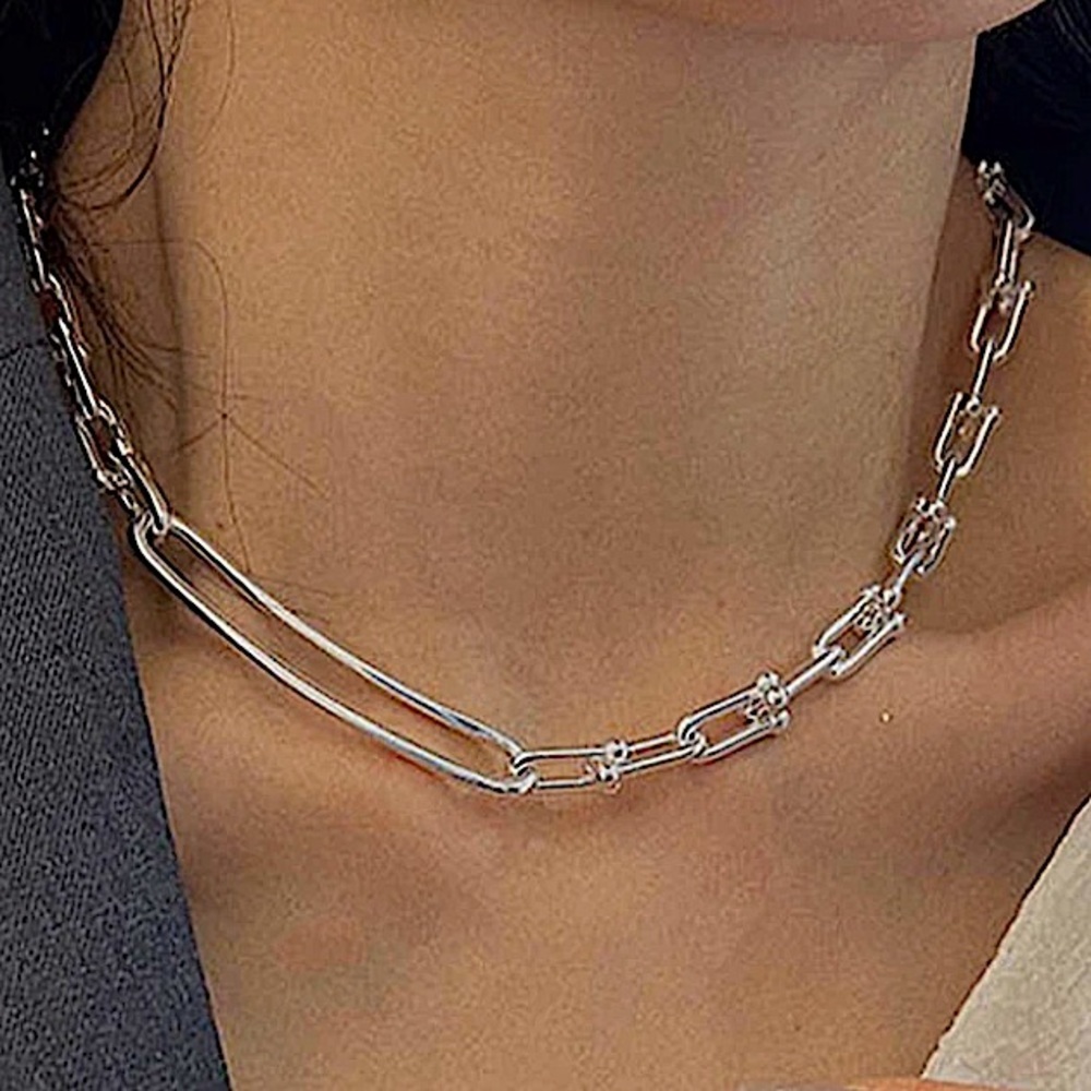 Sterling Silver U Link Horseshoe Chain Link Unisex Paperclip Choker Necklace - Picture 3 of 7